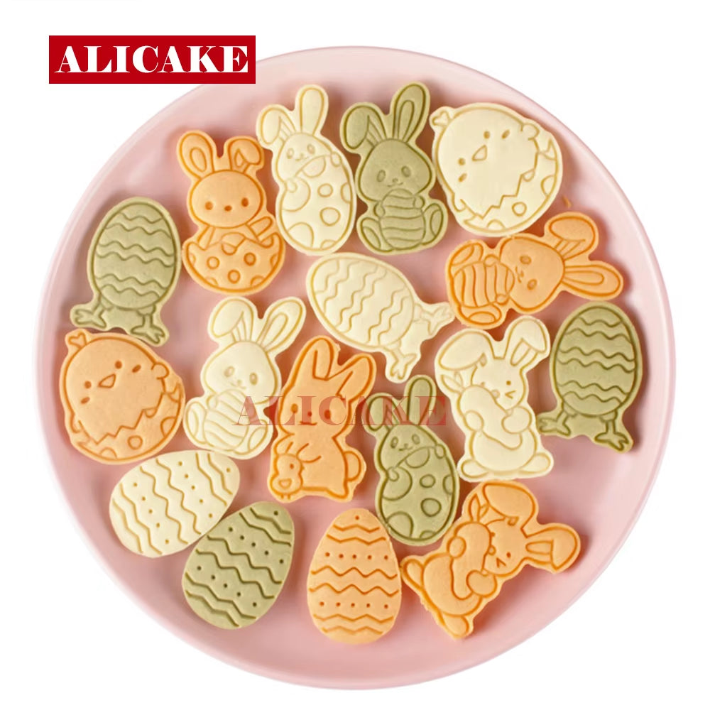 Cookies Cutters Bunny Rabbit Egg Dough Stamp Plastic 3D Cartoon Pressable Biscuit Mold Easter Kitchen Baking Pastry Bakeware