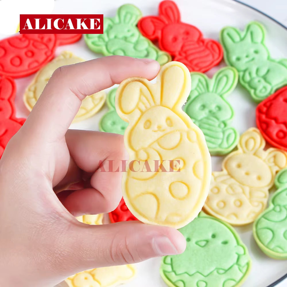 Cookies Cutters Bunny Rabbit Egg Dough Stamp Plastic 3D Cartoon Pressable Biscuit Mold Easter Kitchen Baking Pastry Bakeware