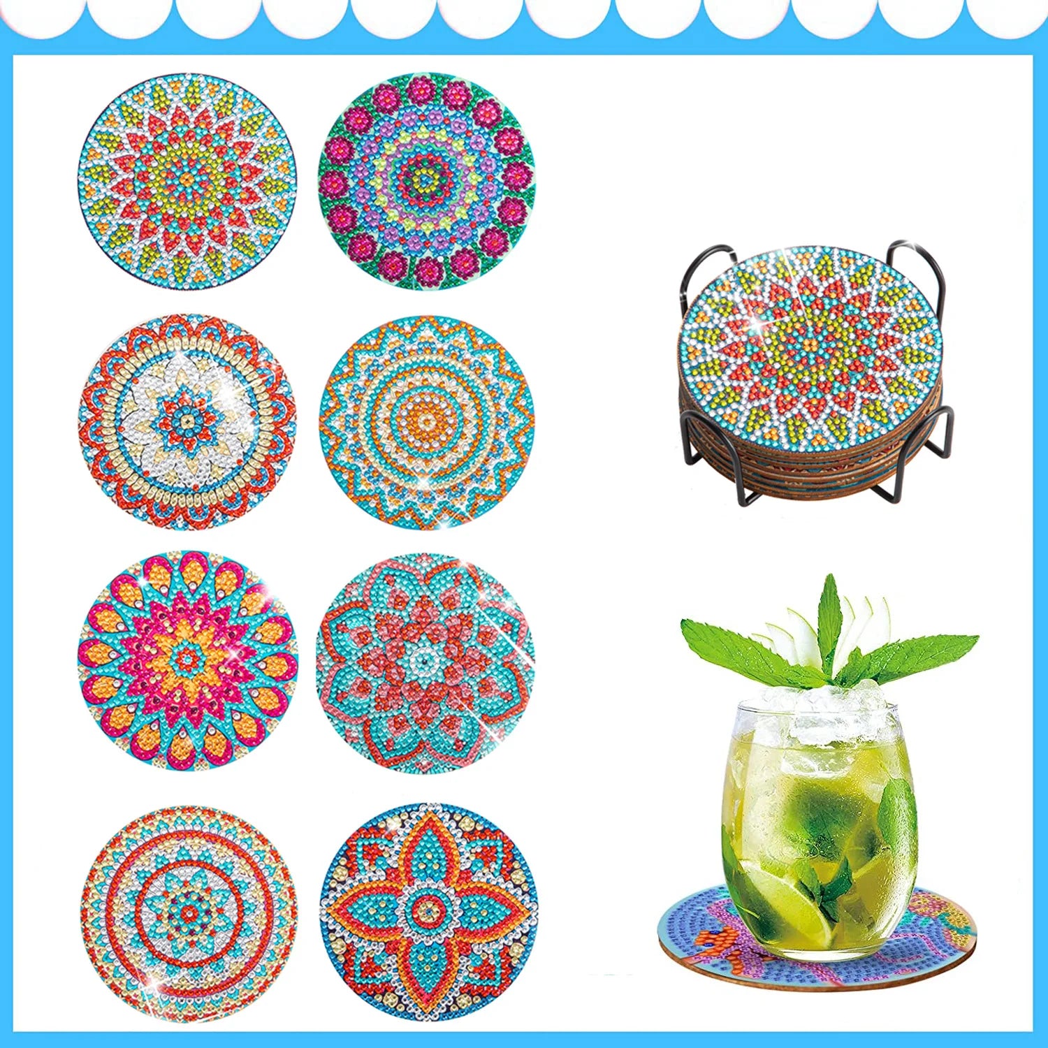 8Pc/Sets Mandala Diamond Painting Coasters DIY Diamond Art Coasters 5D Full Drill Diamond Coasters Acrylic round Cup