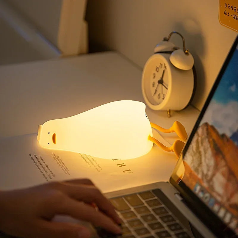 Lying Flat Duck Night Light Silicone Cute Light up Yellow Duck 3-Level Bedside Desk Touch Night Lamp Baby Kids Room Kawaii Decor