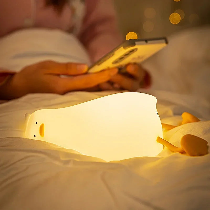 Lying Flat Duck Night Light Silicone Cute Light up Yellow Duck 3-Level Bedside Desk Touch Night Lamp Baby Kids Room Kawaii Decor